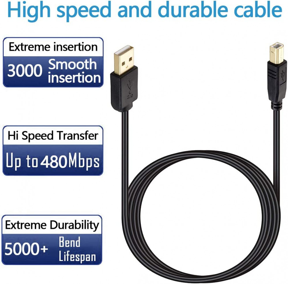 Printer Cable 20 ft, NC XQIN USB 2.0 Cord Type Black 20 feet - Fresh Stock Dated February 2026