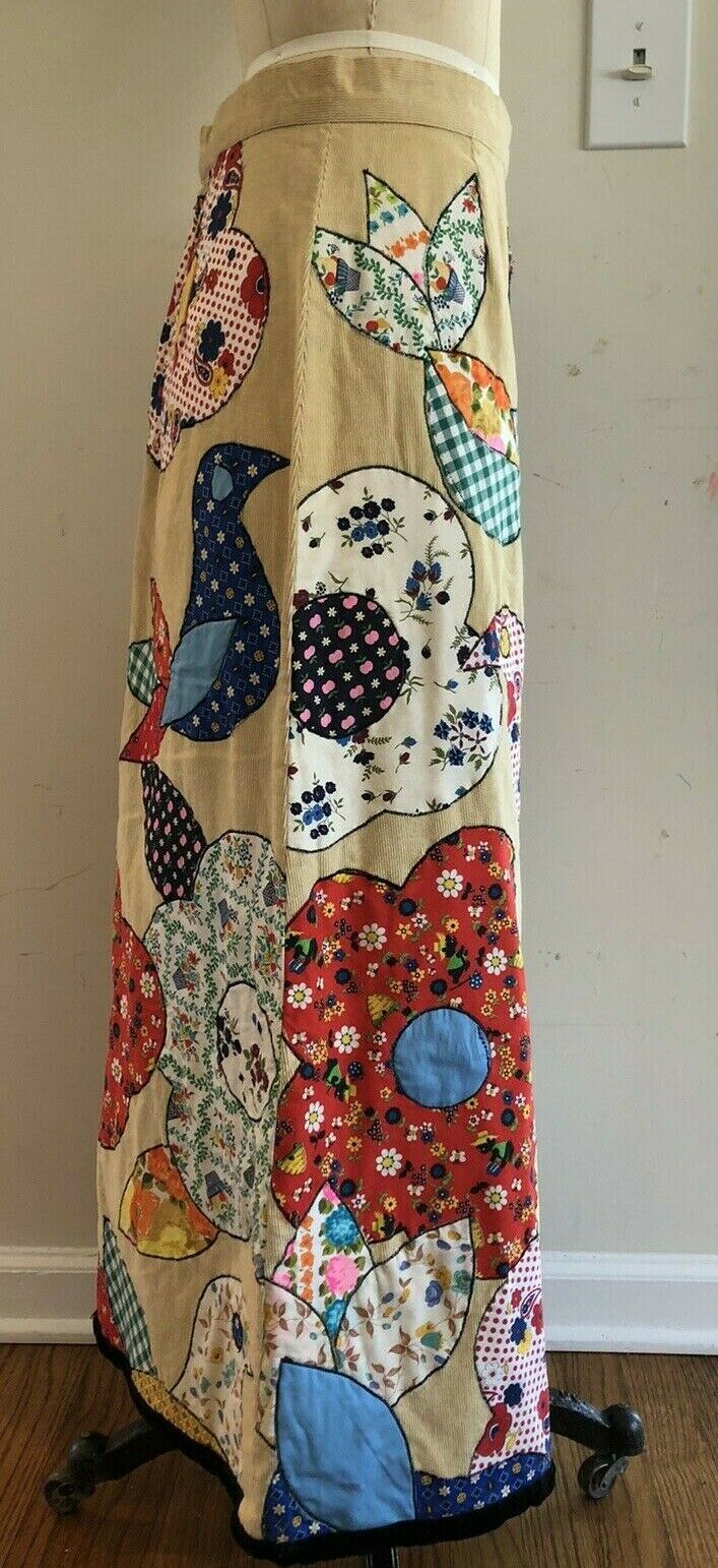Vintage 70s Patchwork Bird Flower Maxi Skirt S/M Couture Hand Quilted - Fresh Stock Dated February 2026