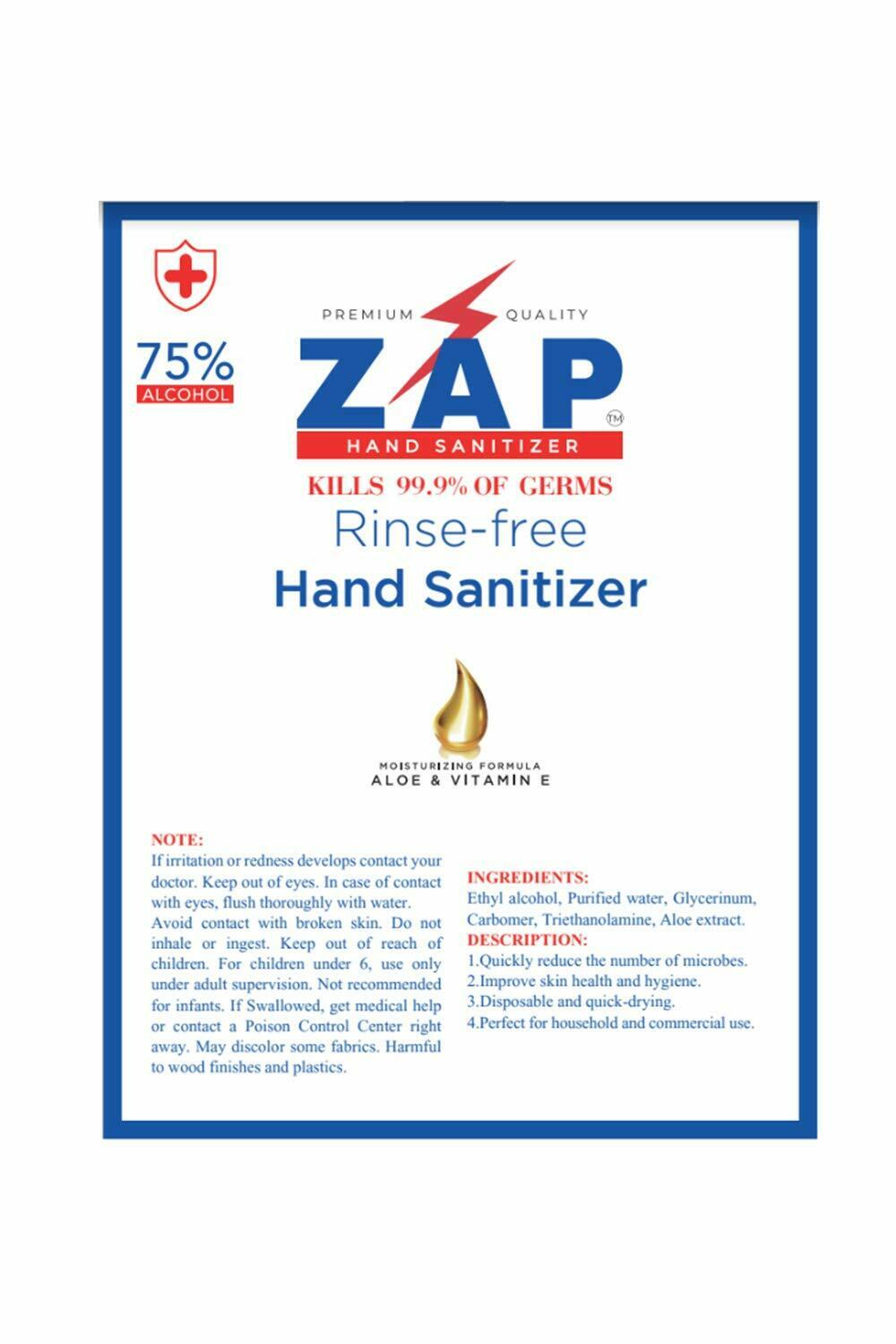 ZAP Hand Sanitizer Gel 75% Ethyl Alcohol 8 OZ Pump Bottle With Aloe & Vitamin E - Fresh Stock Dated February 2026