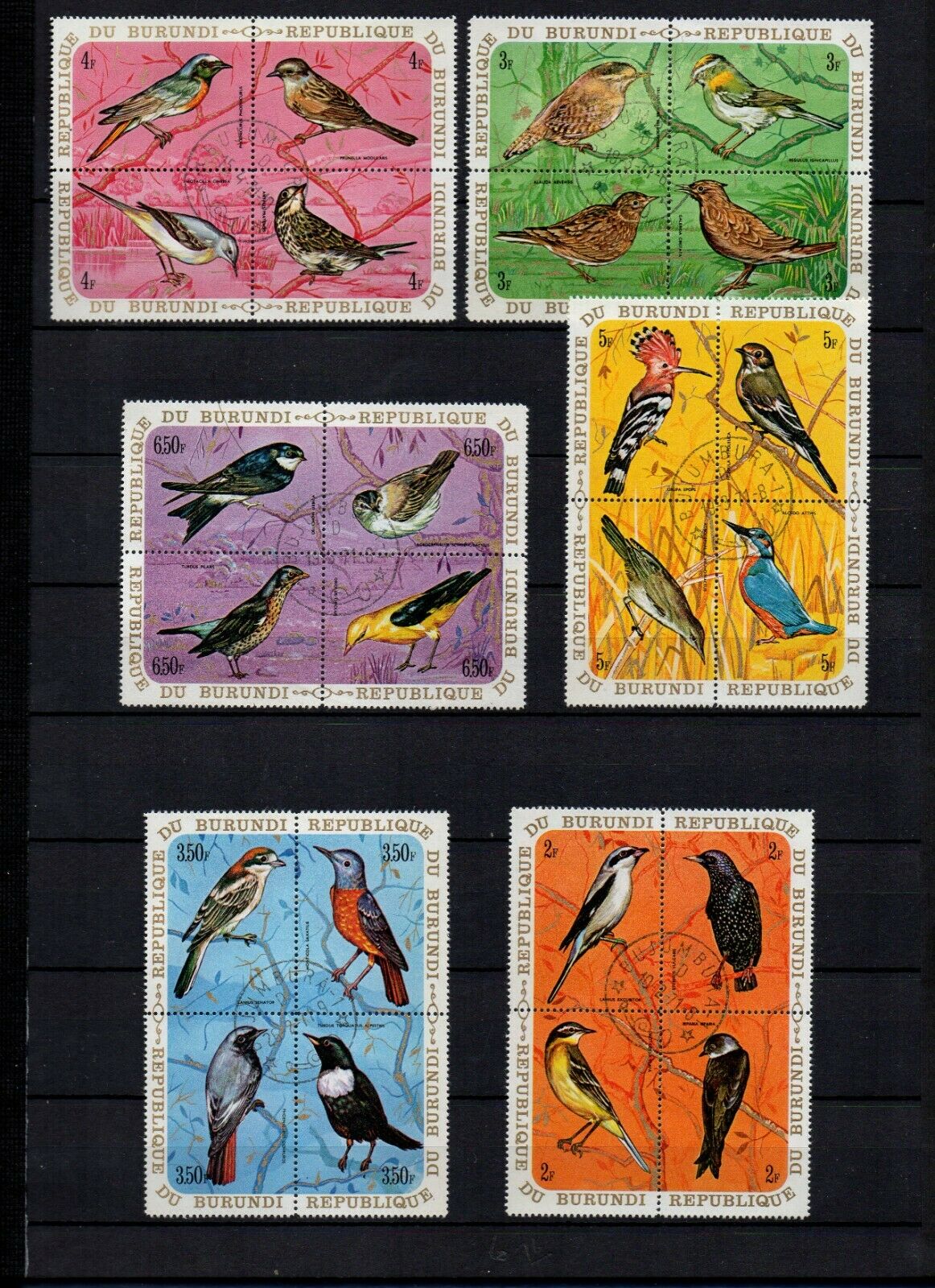 BURUNDI, SCOTT #337-342, C132-C137, FULL SET OF 12 CTO USED BLOCKS OF BIRDS 1970 - Fresh Stock Dated December 2025