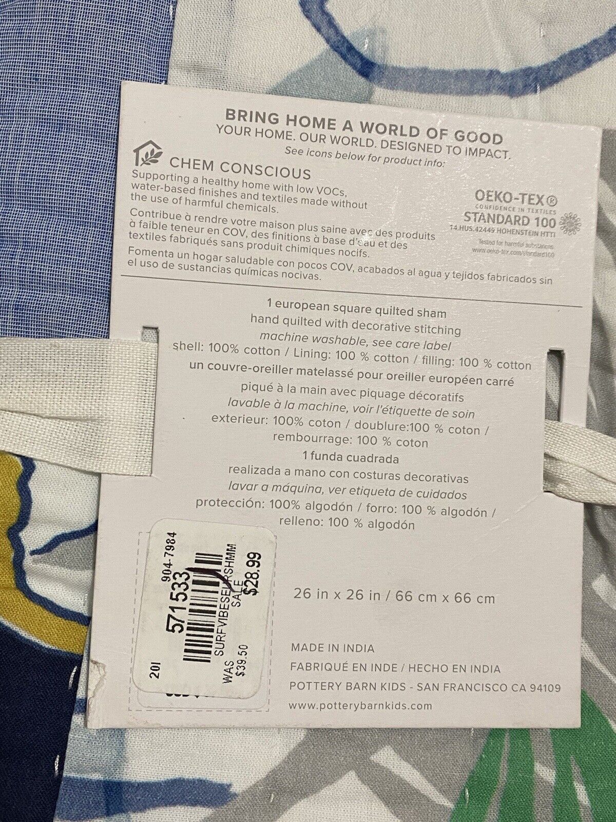 Pottery Barn Kids Surf Vibes Euro Quilted Sham - Fresh Stock Dated February 2026