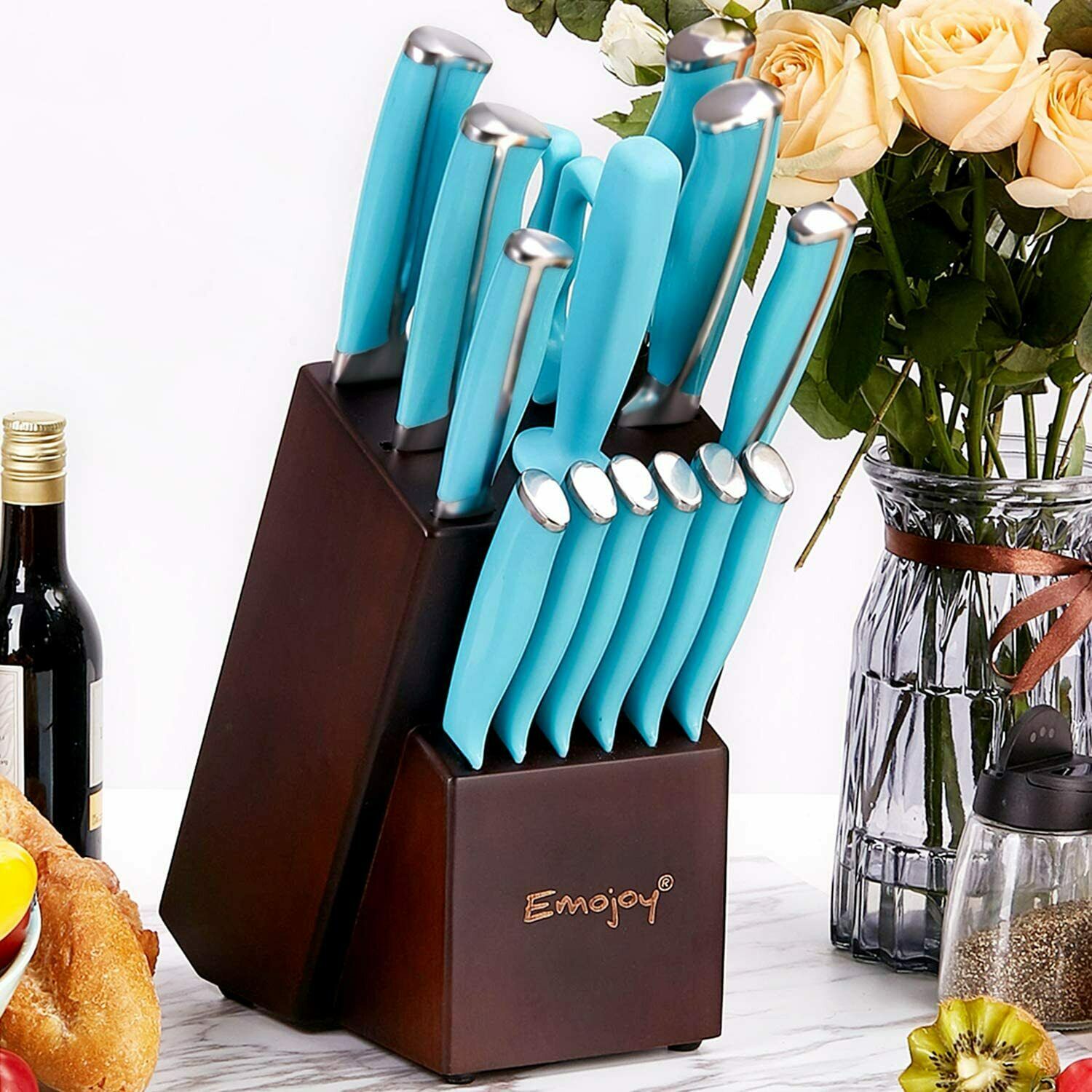 Knife Set, 15-Piece Kitchen Knife Set with Block Wooden German Stainless Steel - Fresh Stock Dated December 2025