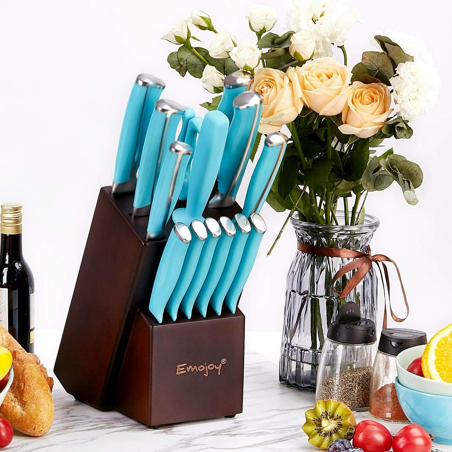 Knife Set, 15-Piece Kitchen Knife Set with Block Wooden German Stainless Steel - Fresh Stock Dated December 2025