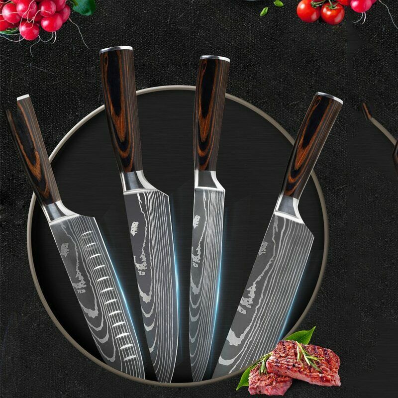 10 Pcs Japanese Kitchen Knives Set Damascus Pattern Stainless Steel Chef’s Knife - Fresh Stock Dated December 2025