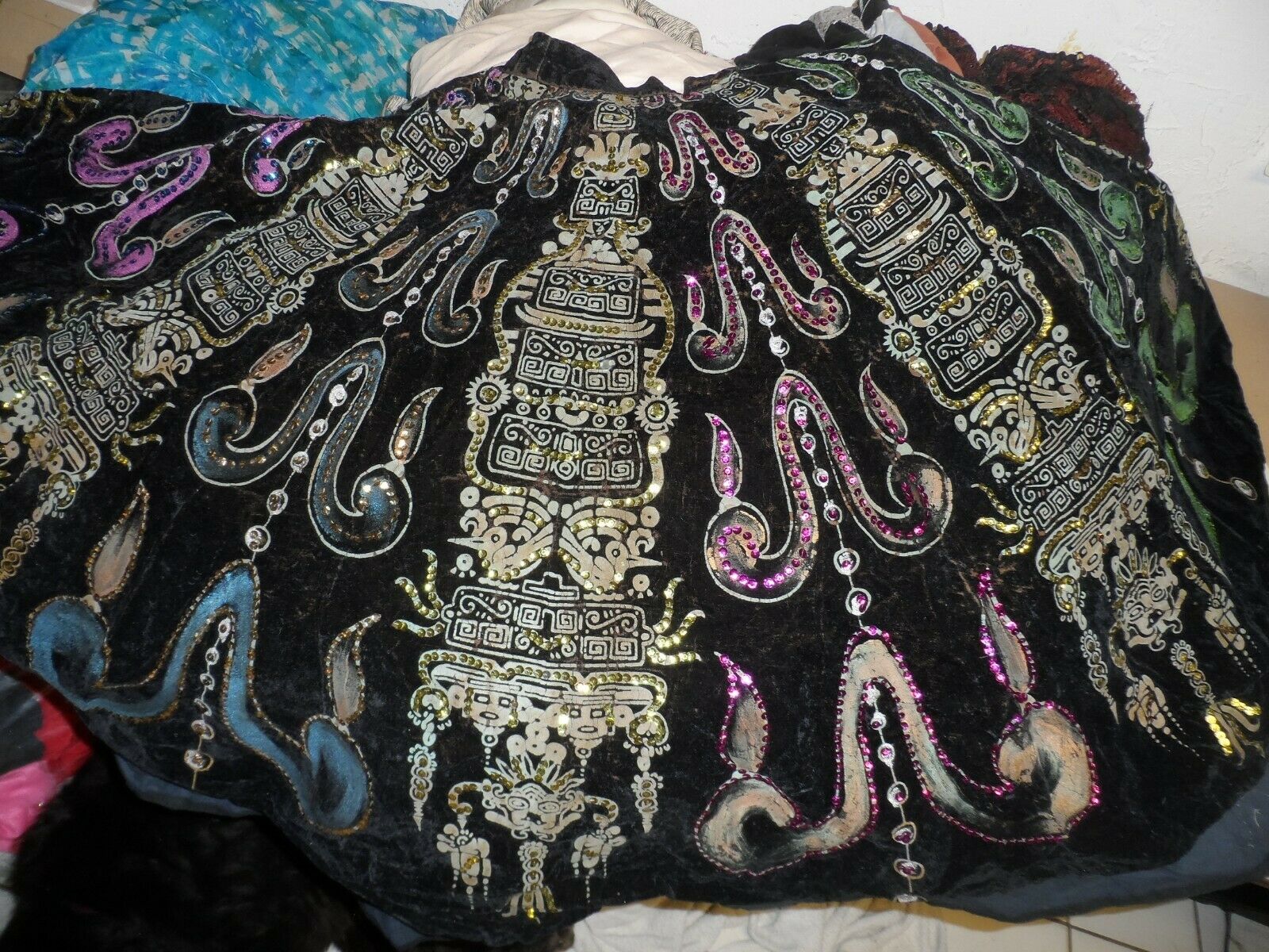 VTG 1950s Mexican Velvet circle AZTECS  Sequin Hand-painted SKIRT sz 26 waist - Fresh Stock Dated February 2026