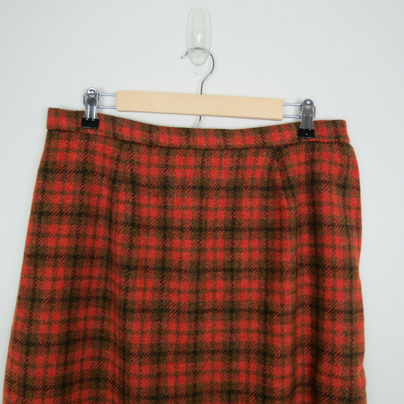 Vintage 1960s Orange Brown Wool Plaid Pencil Skirt Women's Waist 31 Hip 43 - Fresh Stock Dated March 2026