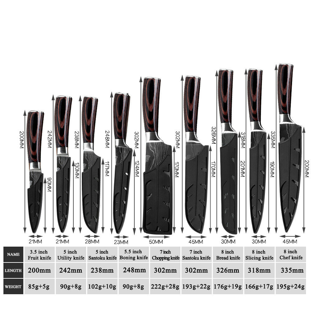 10 Pcs Japanese Kitchen Knives Set Damascus Pattern Stainless Steel Chef’s Knife - Fresh Stock Dated December 2025