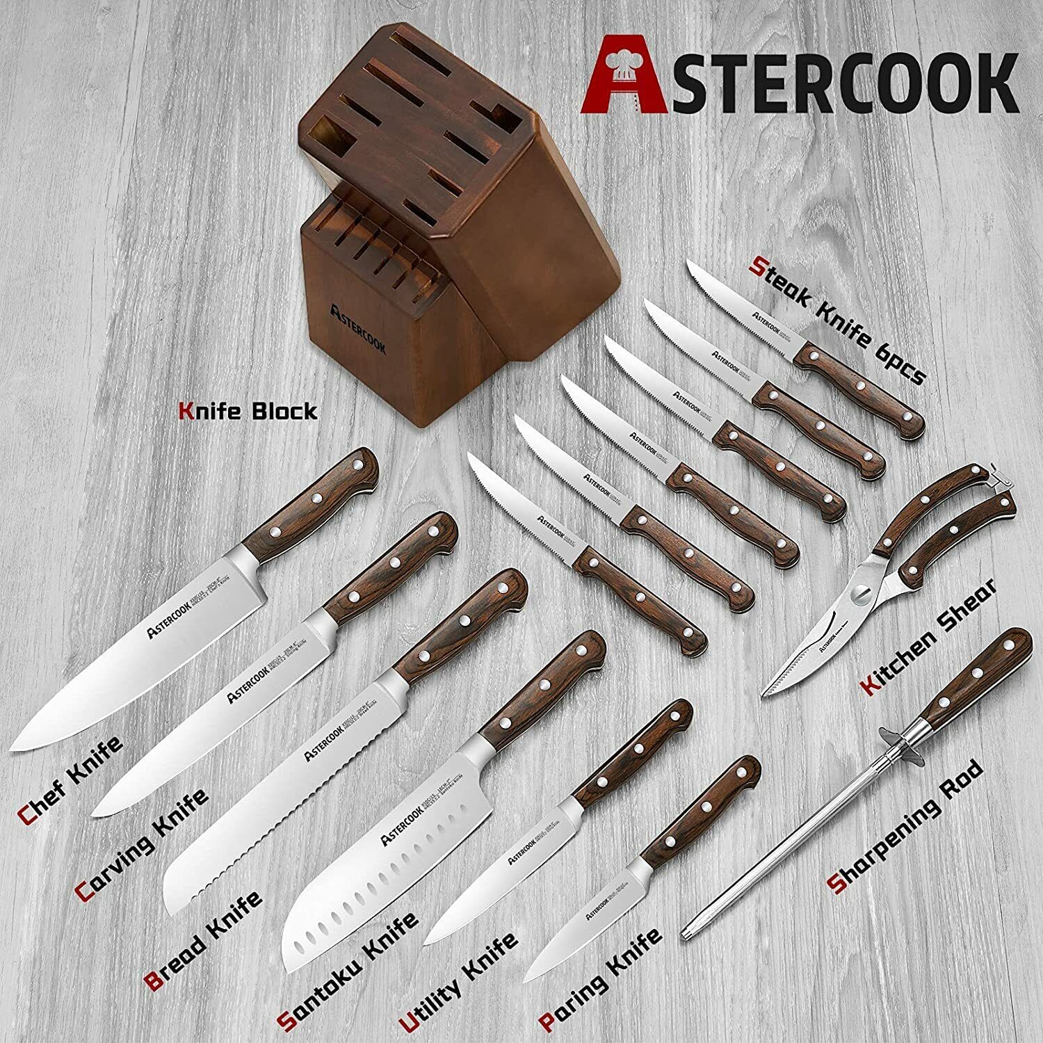 Knife Set, 15-Piece Kitchen Knife Set with Block Wooden German Stainless Steel - Fresh Stock Dated February 2026