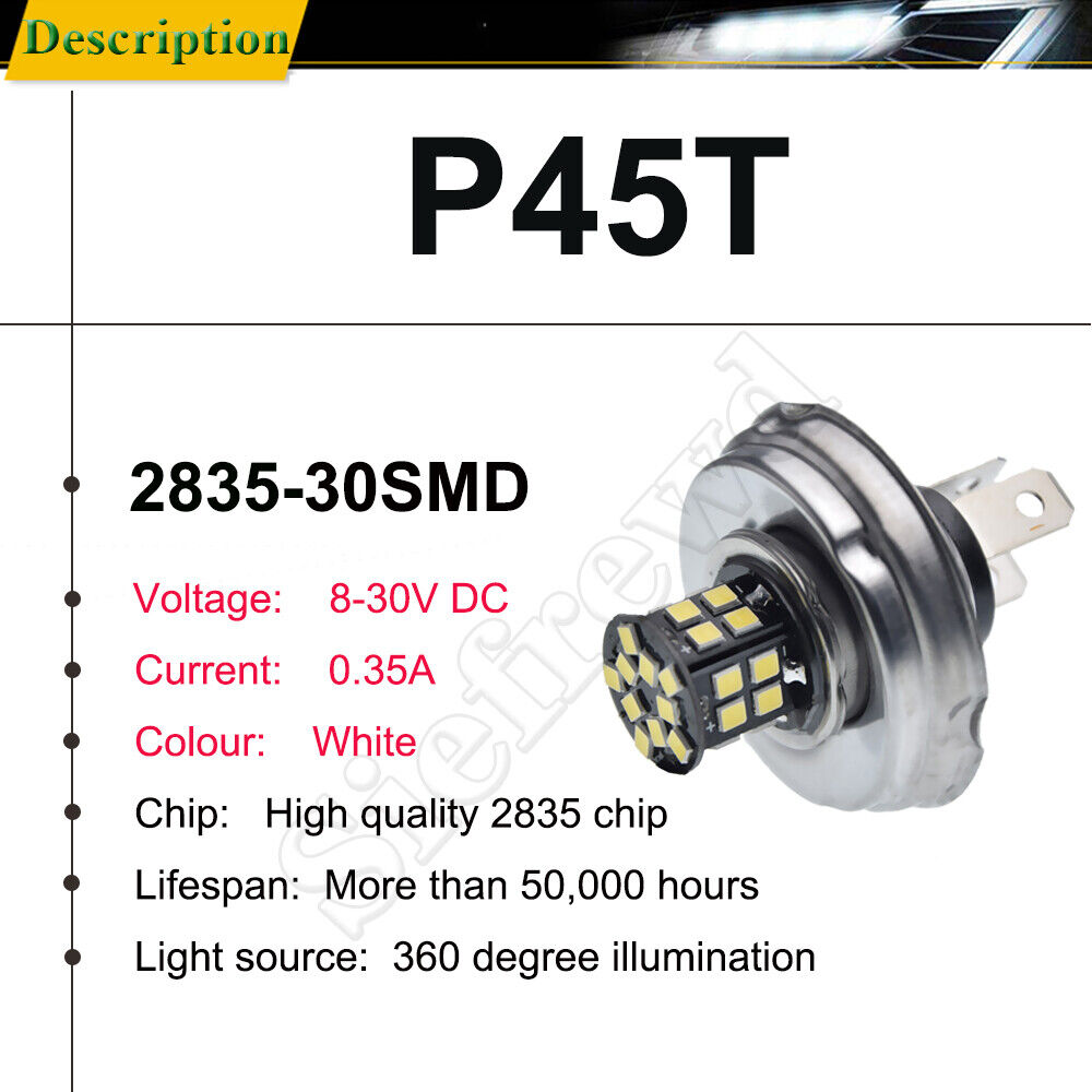 2 x P45T R2 Motorcycle LED Headlight Motorbike Light Bulb Lamp 30SMD 12V 24V DC - Fresh Stock Dated February 2026