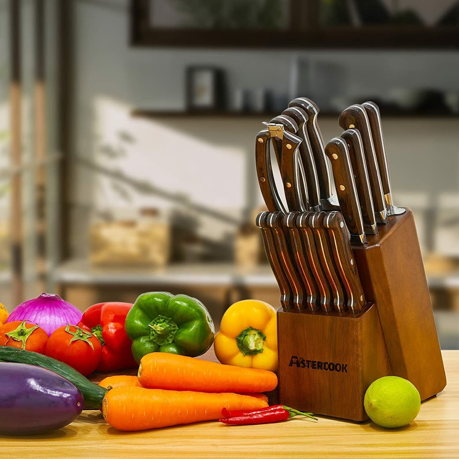 Knife Set, 15-Piece Kitchen Knife Set with Block Wooden German Stainless Steel - Fresh Stock Dated February 2026