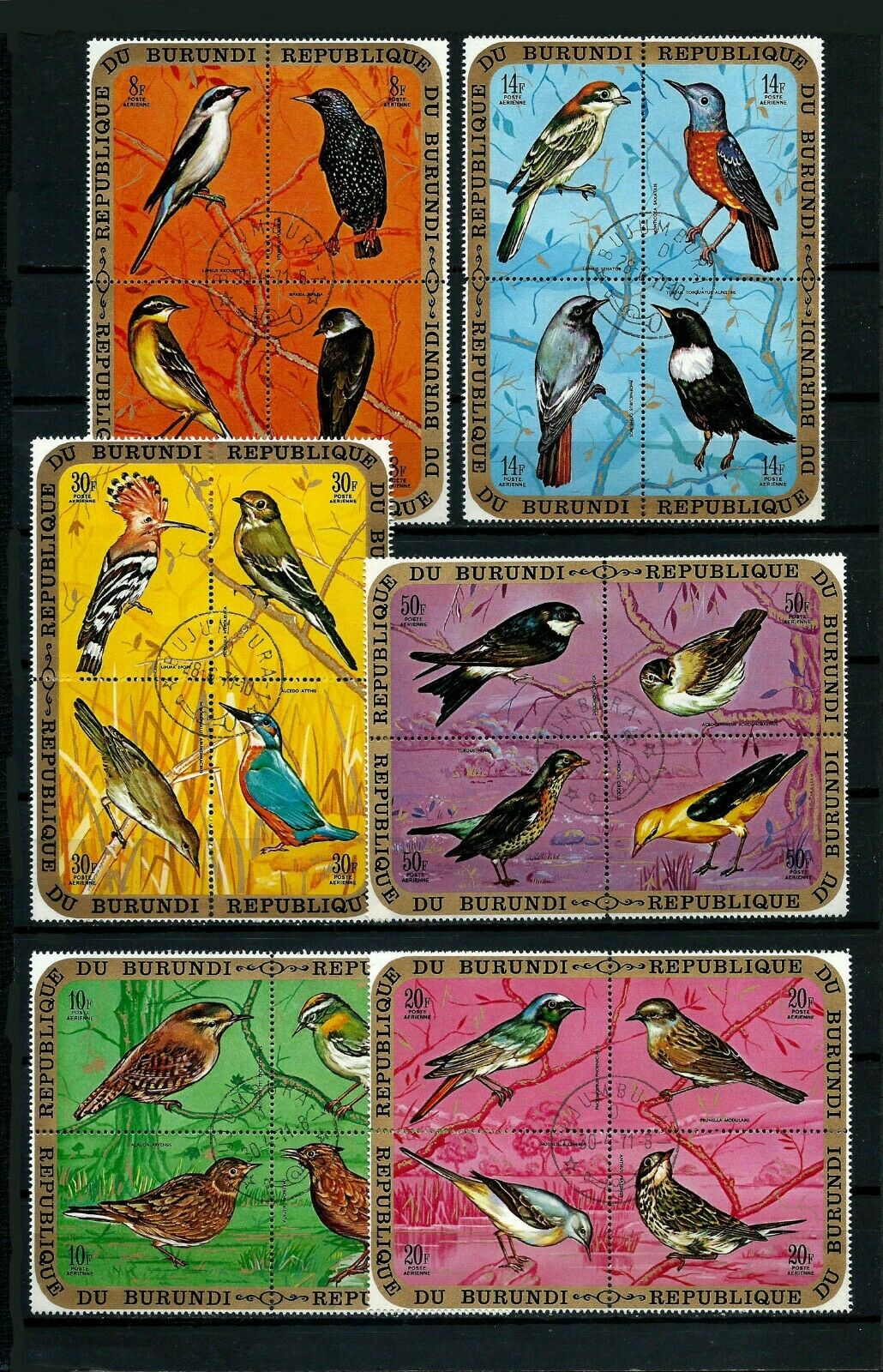 BURUNDI, SCOTT #337-342, C132-C137, FULL SET OF 12 CTO USED BLOCKS OF BIRDS 1970 - Fresh Stock Dated December 2025