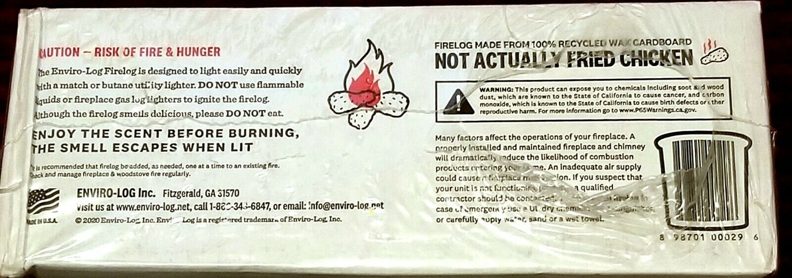 KFC Firelog Kentucky Fried Chicken Scented by Enviro-Log® - Limited Edtn 2 Logs - Fresh Stock Dated December 2025