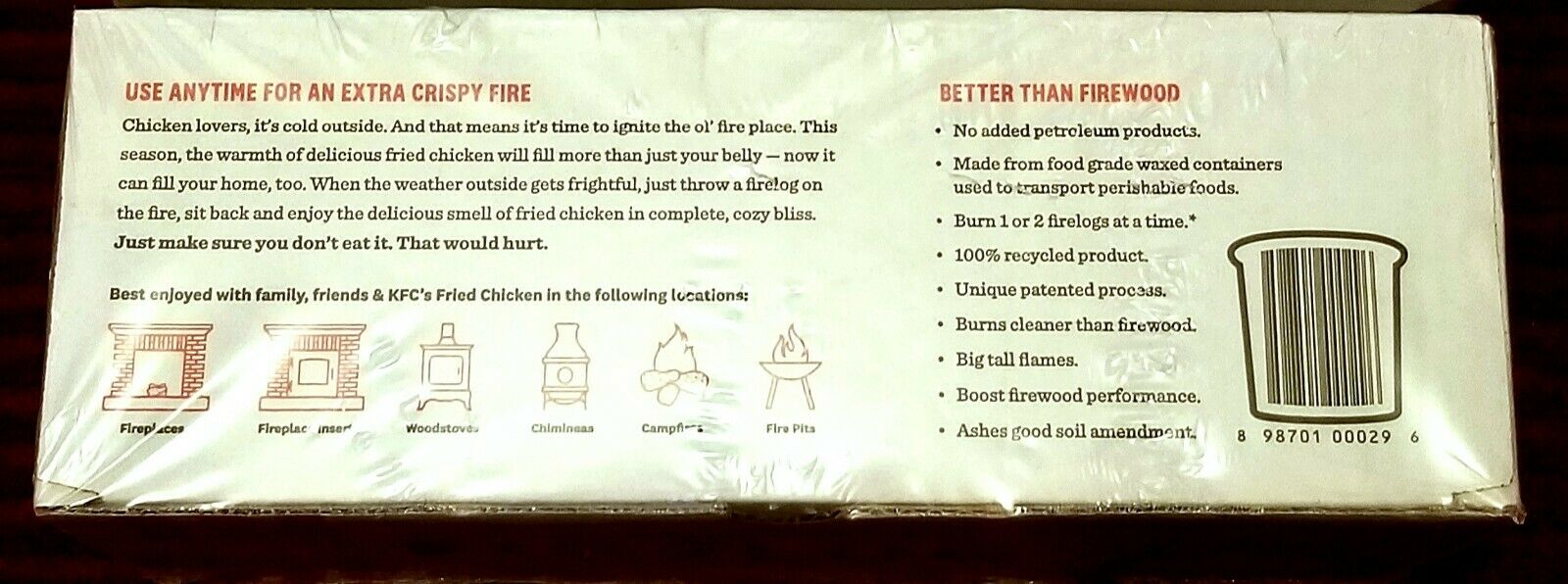 KFC Firelog Kentucky Fried Chicken Scented by Enviro-Log® - Limited Edtn 2 Logs - Fresh Stock Dated December 2025