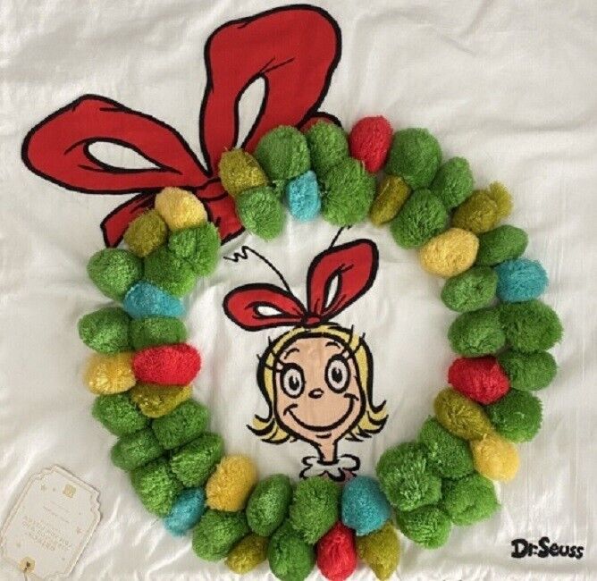 Pottery Barn Teen Kids Dr Seuss THE GRINCH Christmas CINDY LOU Pom Pillow Cover - Fresh Stock Dated February 2026