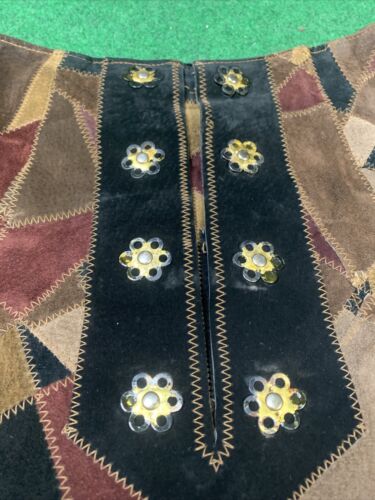 VINTAGE 70s Patchwork BOHO SUEDE SKIRT BROWN SIZE SMALL HIPPY WOODSTOCK - Fresh Stock Dated February 2026