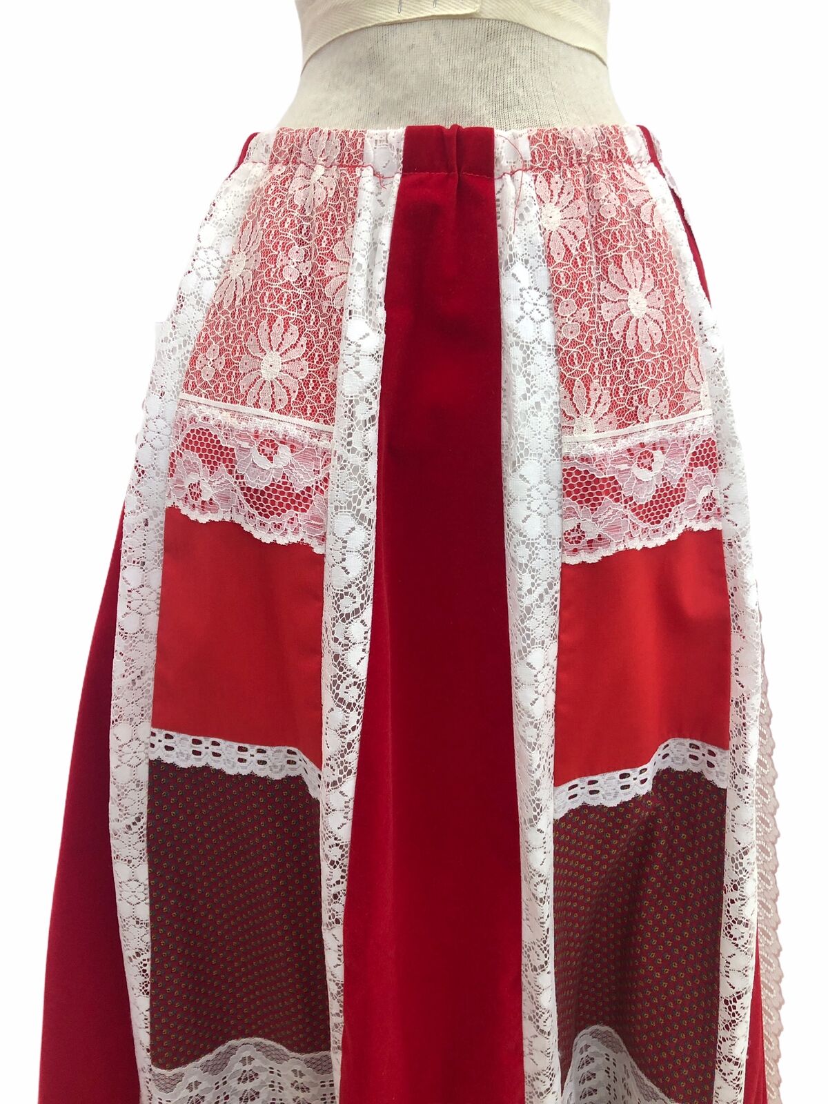 Vintage VTG 1970s 70s Red Patchwork Velvet Lace Prairie Maxi Skirt - Fresh Stock Dated March 2026