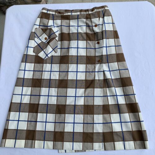 Vintage 1960's Mod Brown/Navy/White Plaid Wrap Skirt - Preppy- Schoolgirl M - Fresh Stock Dated December 2025