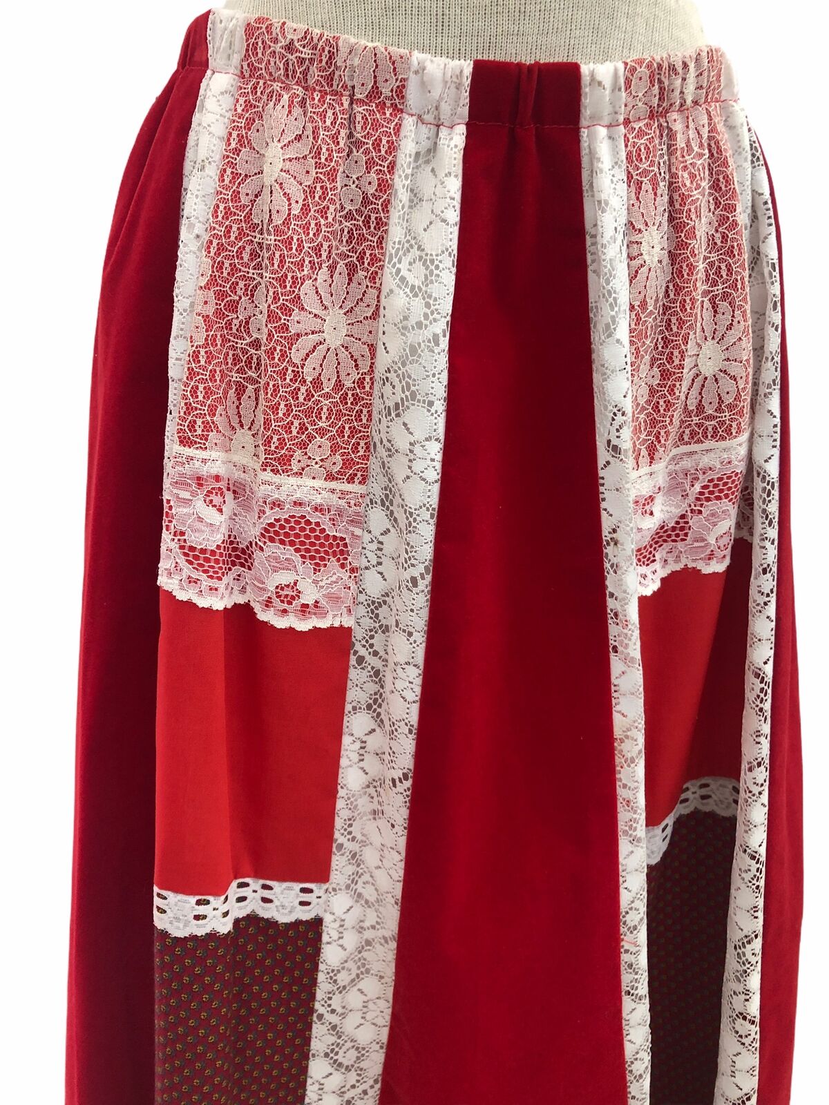 Vintage VTG 1970s 70s Red Patchwork Velvet Lace Prairie Maxi Skirt - Fresh Stock Dated March 2026