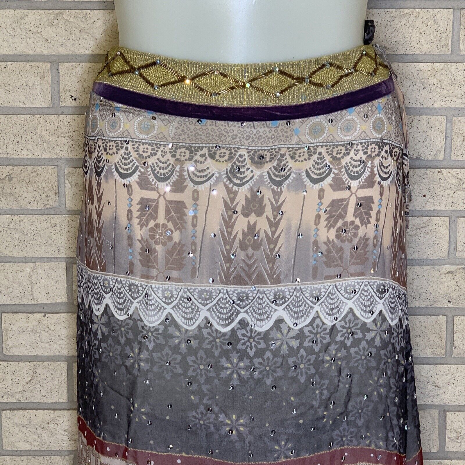 WD.NY 100% Silk Floral Print Multicolored Sequin Beaded Lined Skirt Size 12 Boho - Fresh Stock Dated March 2026