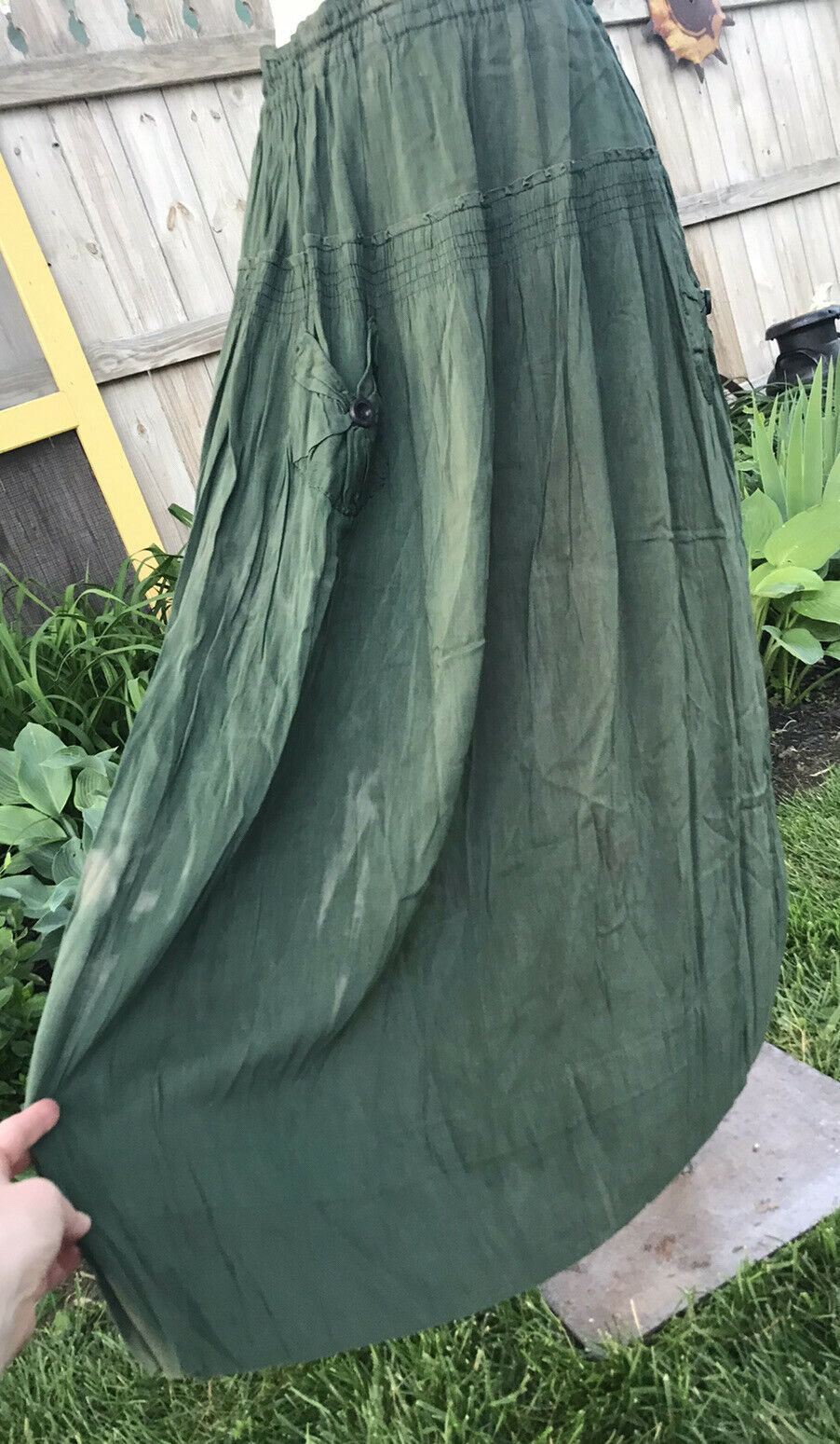 Antique Victorian Women Green Rayon Skirt Shirred Pockets W26