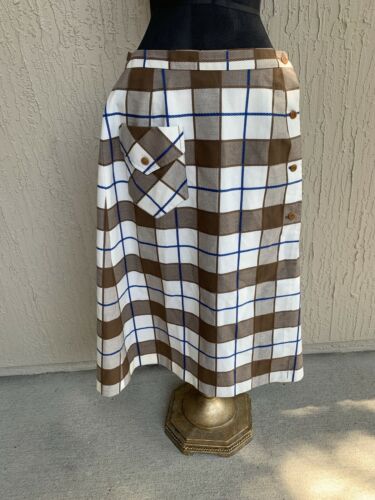 Vintage 1960's Mod Brown/Navy/White Plaid Wrap Skirt - Preppy- Schoolgirl M - Fresh Stock Dated December 2025