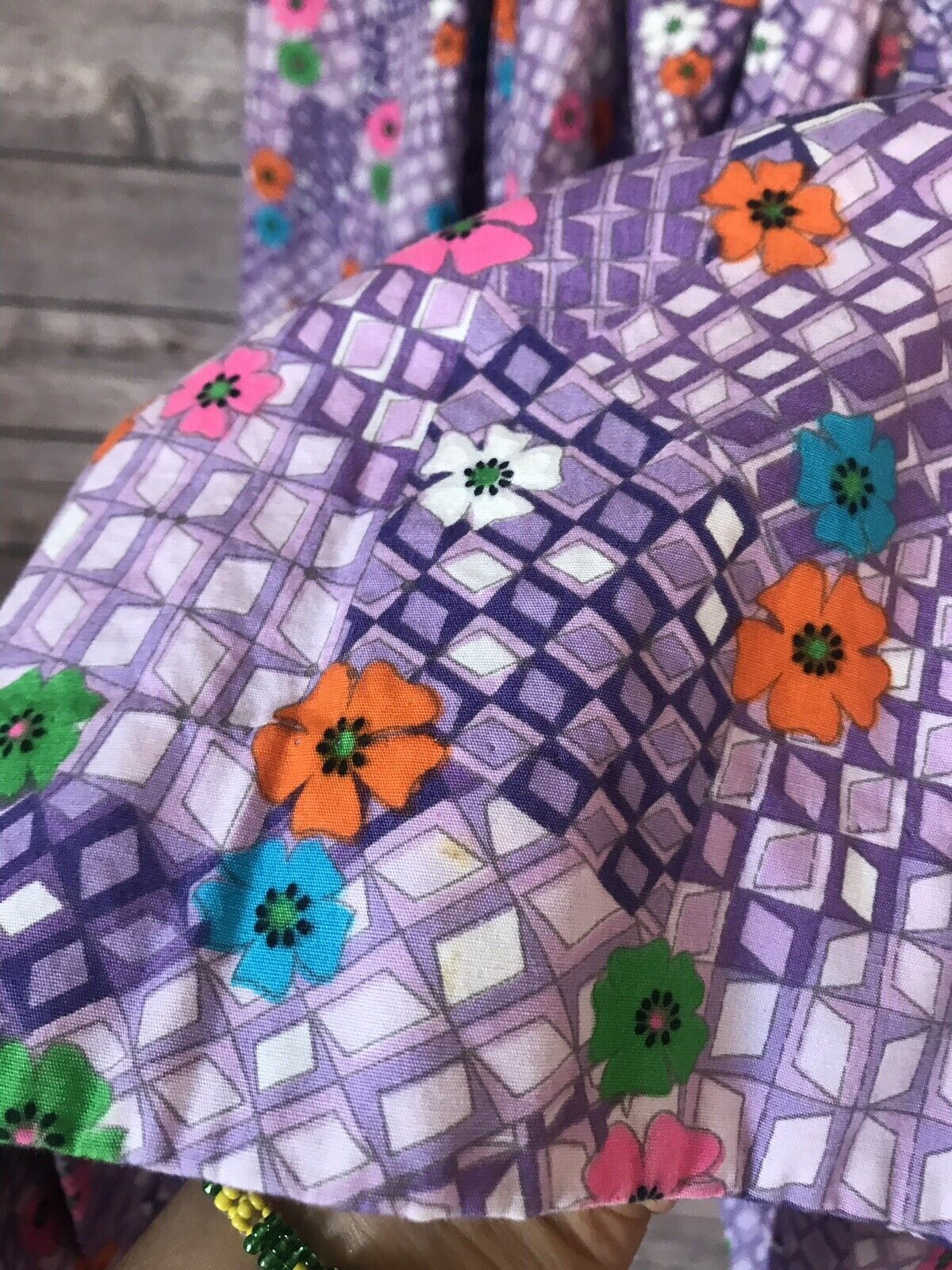 Vintage 70s Purple Hippy Maxi Skirt Bright Flowers Ruffle Hem Handmade 24