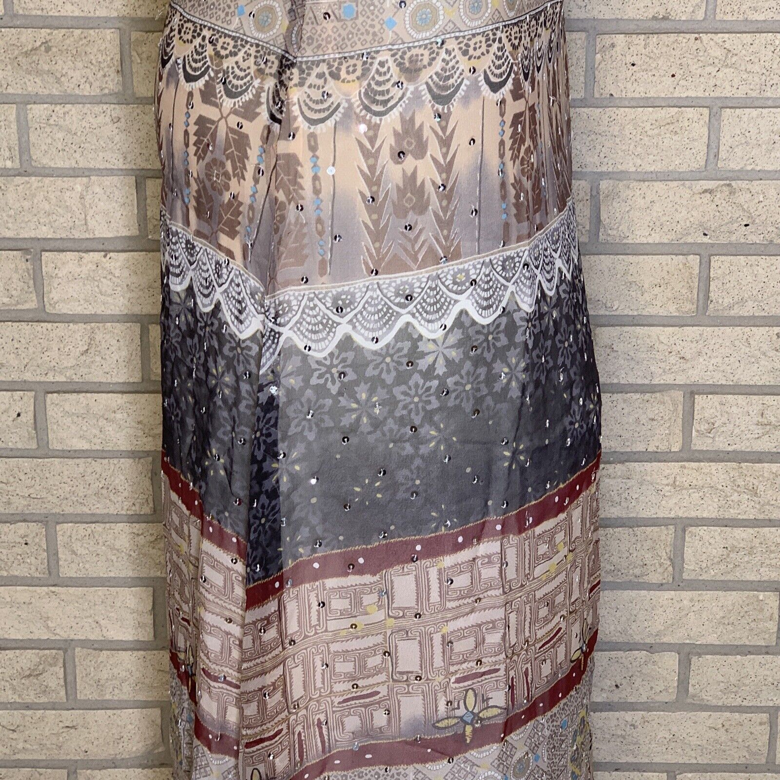 WD.NY 100% Silk Floral Print Multicolored Sequin Beaded Lined Skirt Size 12 Boho - Fresh Stock Dated March 2026