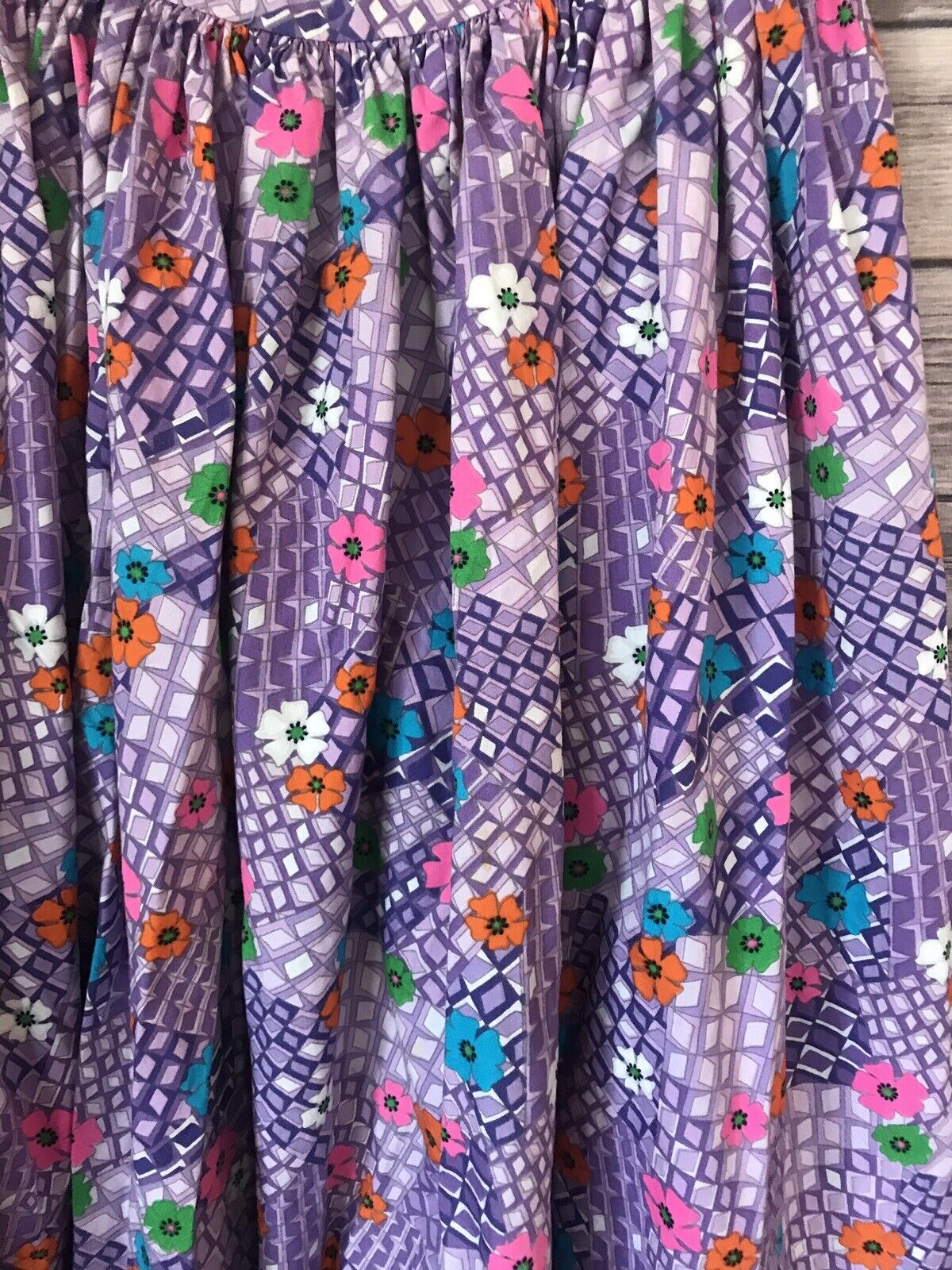 Vintage 70s Purple Hippy Maxi Skirt Bright Flowers Ruffle Hem Handmade 24