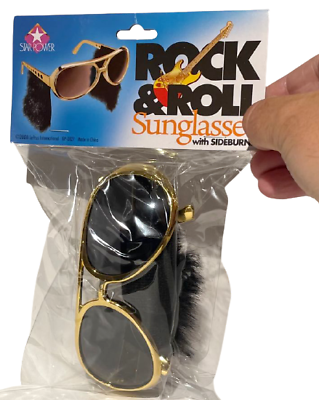 ELVIS SUNGLASSES With Sideburns Presley Rock & Roll Sun Glasses Costume Gold Gag - Fresh Stock Dated December 2025
