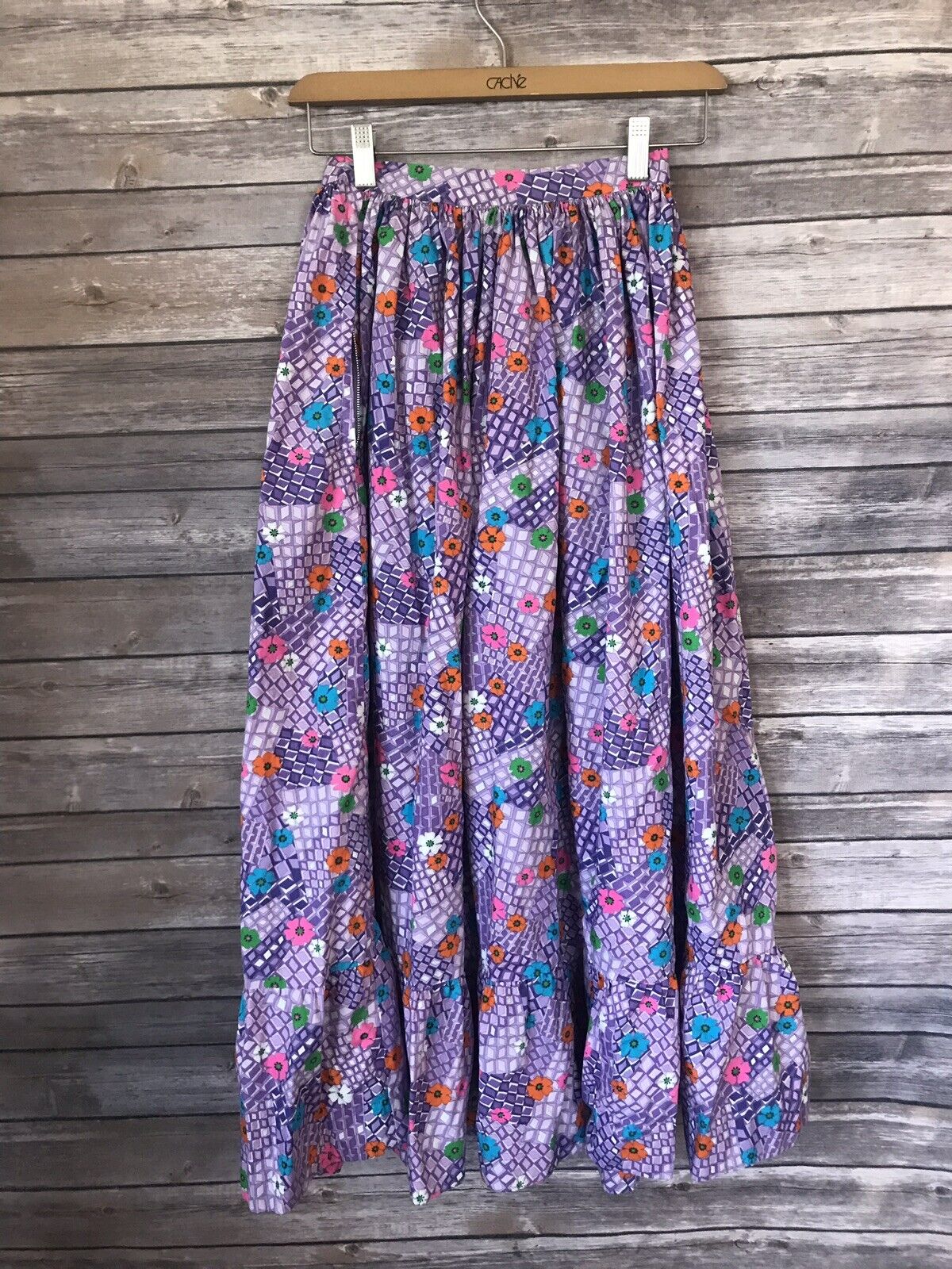 Vintage 70s Purple Hippy Maxi Skirt Bright Flowers Ruffle Hem Handmade 24