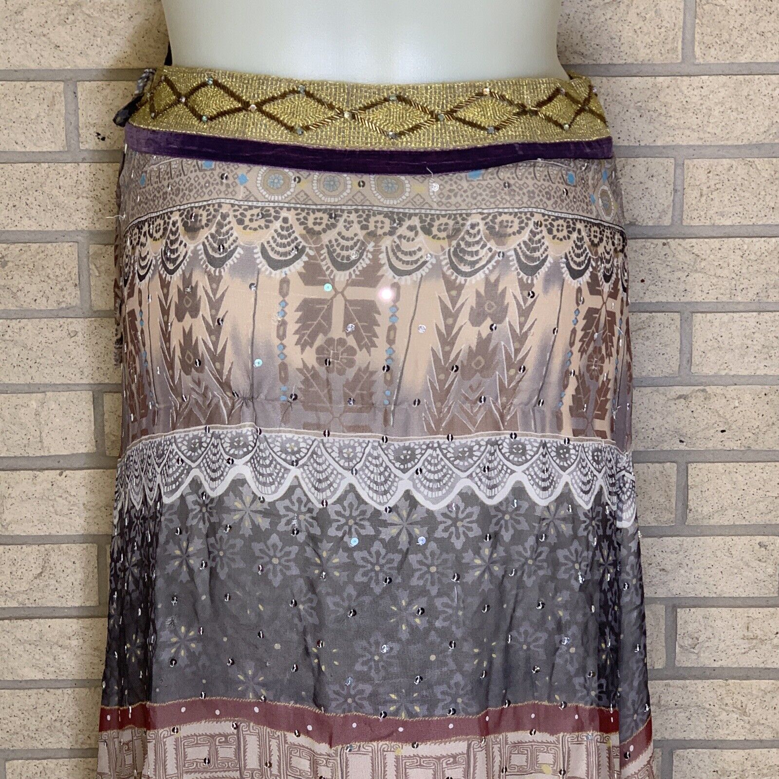 WD.NY 100% Silk Floral Print Multicolored Sequin Beaded Lined Skirt Size 12 Boho - Fresh Stock Dated March 2026