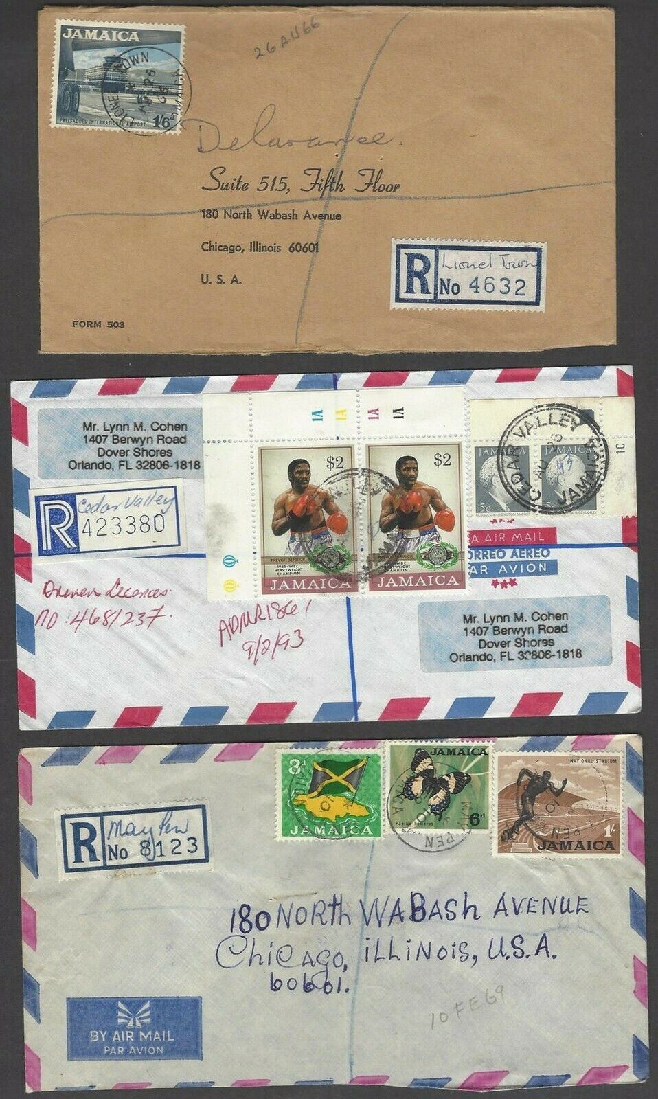 Jamaica registered covers with ms registration labels from diff small POs (8) - Fresh Stock Dated February 2026