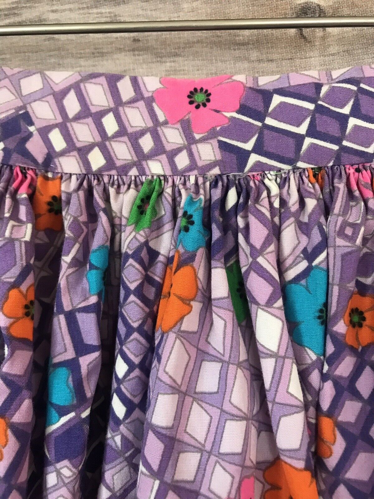 Vintage 70s Purple Hippy Maxi Skirt Bright Flowers Ruffle Hem Handmade 24