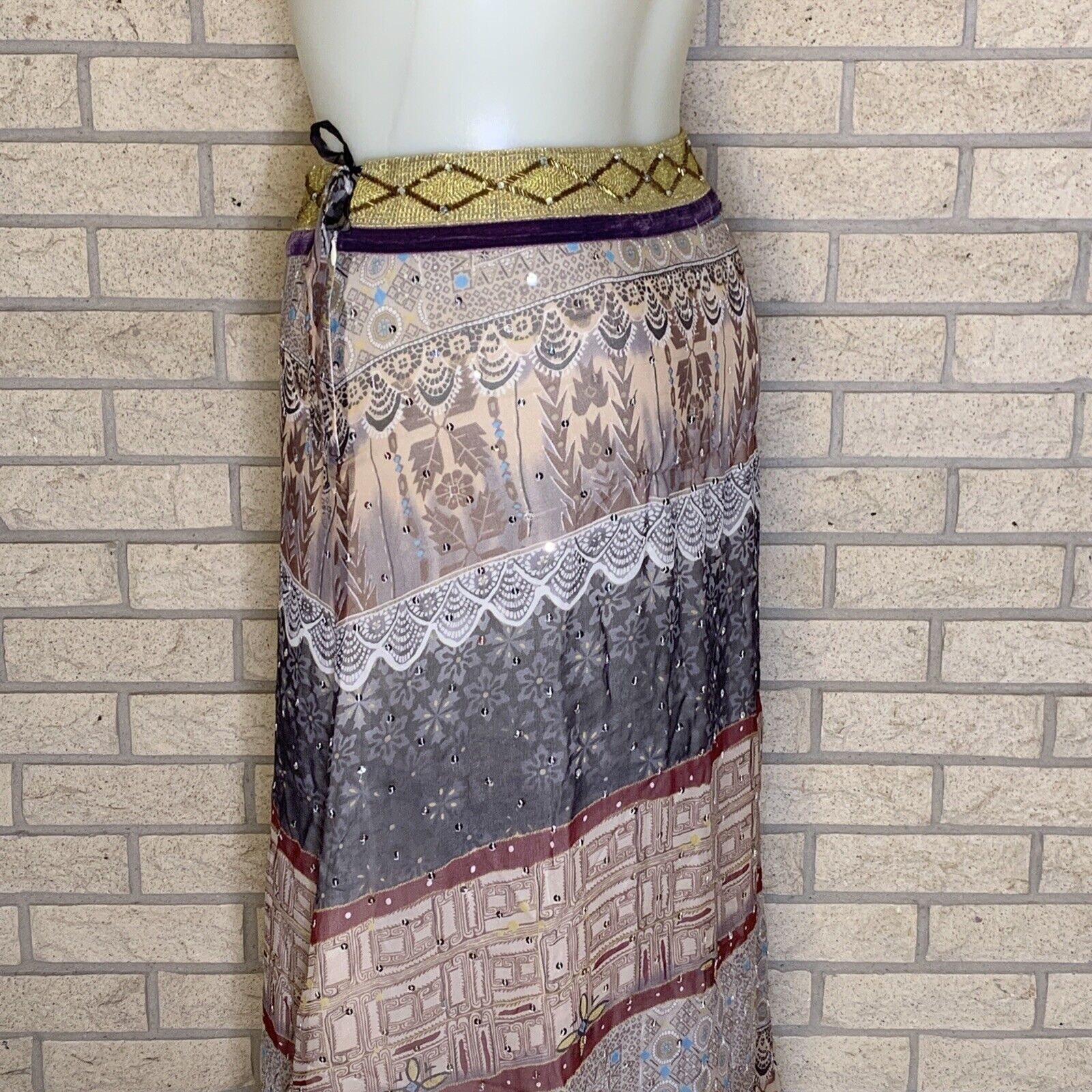 WD.NY 100% Silk Floral Print Multicolored Sequin Beaded Lined Skirt Size 12 Boho - Fresh Stock Dated March 2026