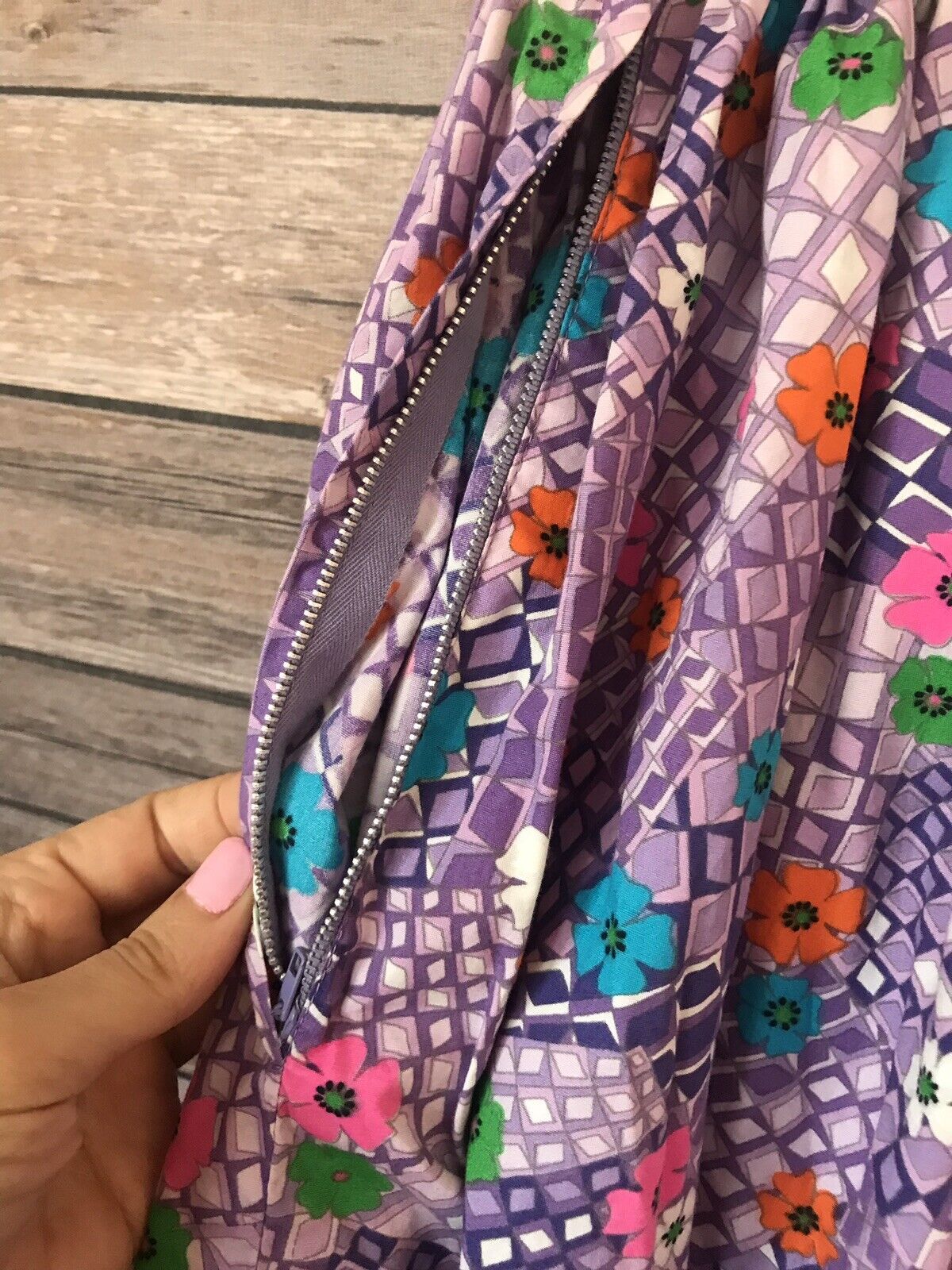 Vintage 70s Purple Hippy Maxi Skirt Bright Flowers Ruffle Hem Handmade 24