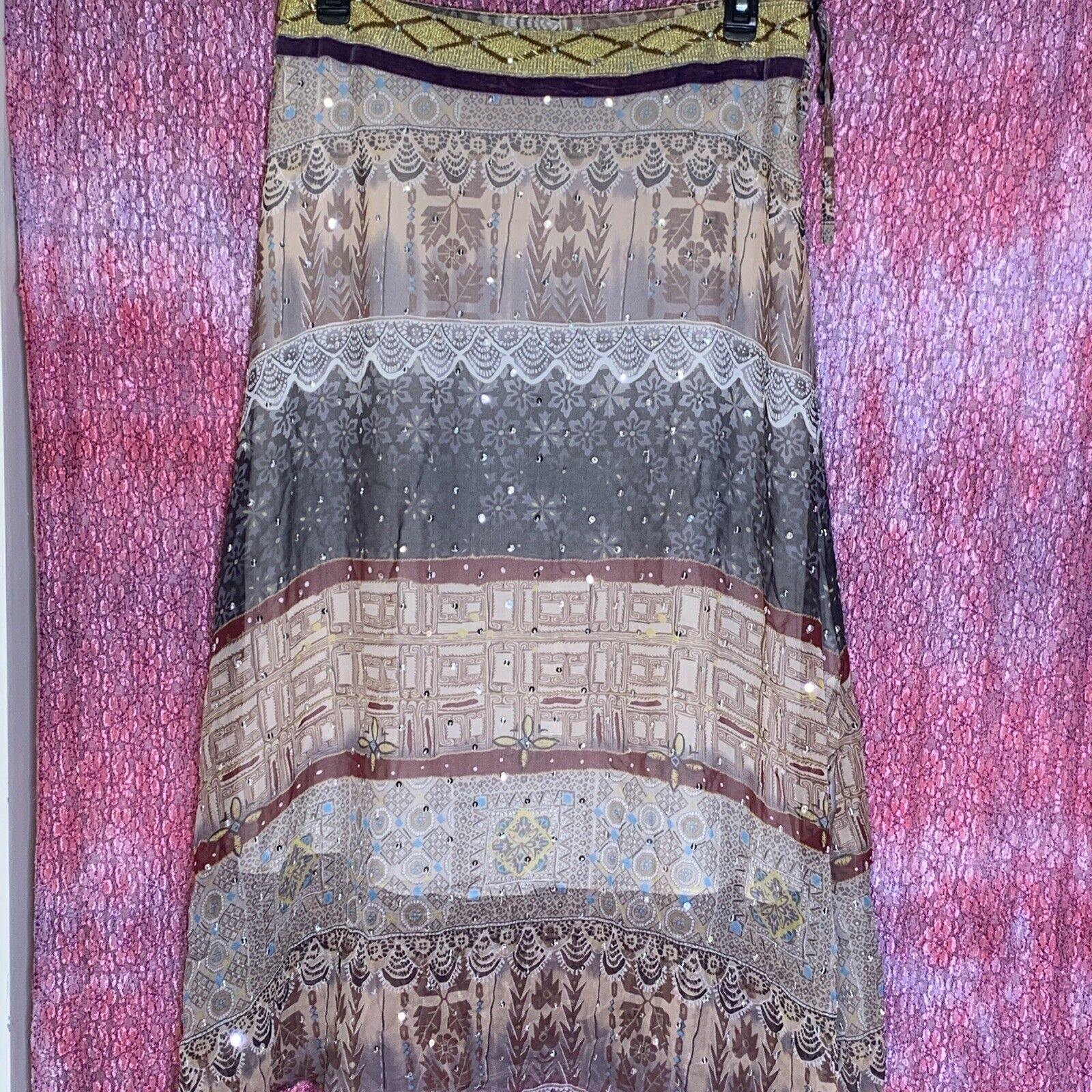 WD.NY 100% Silk Floral Print Multicolored Sequin Beaded Lined Skirt Size 12 Boho - Fresh Stock Dated March 2026