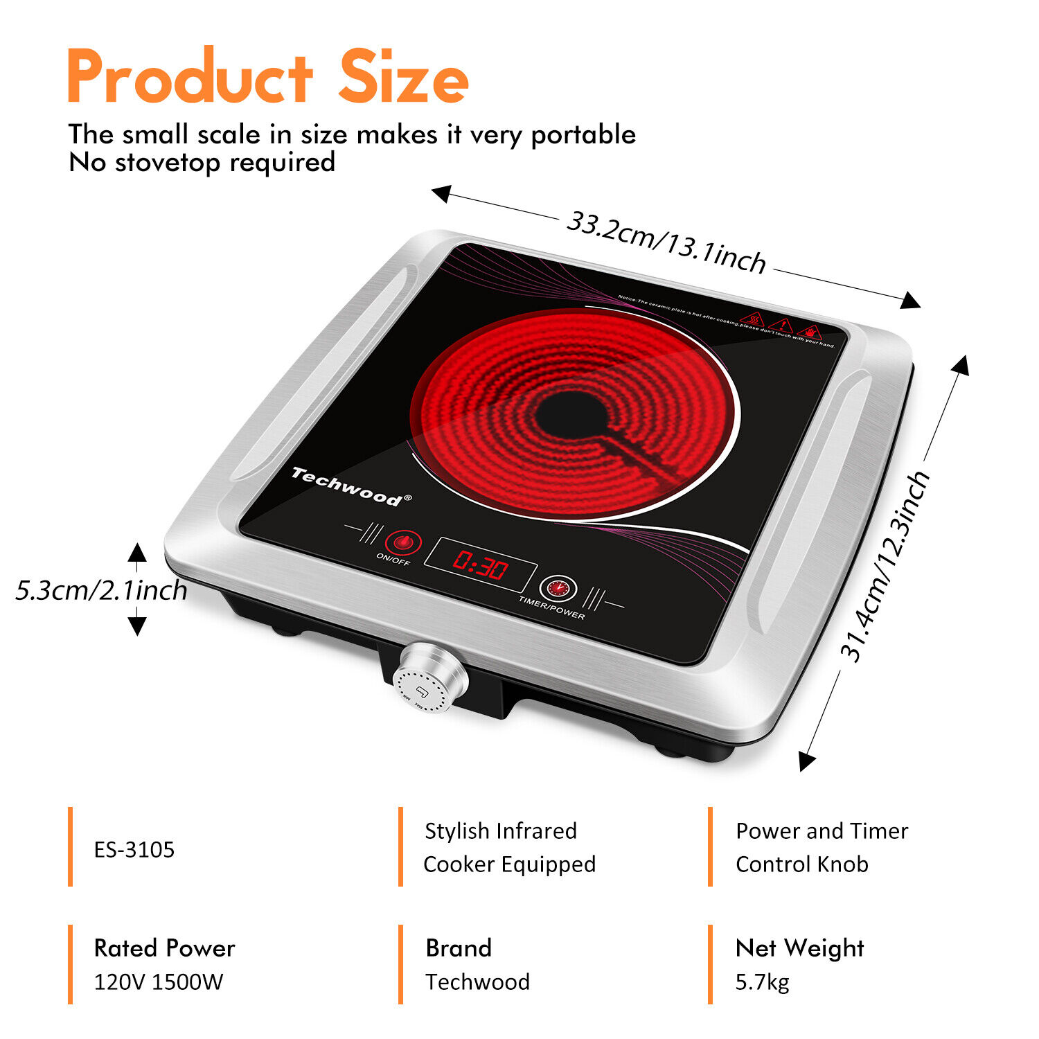 Techwood ES-3105 Electric Portable Ceramic Infrared Cooktop Hot Plate Burner - Fresh Stock Dated February 2026