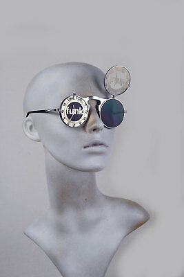 round silver flip up Funk sunglasses vintage Cosplay Steampunk Halloween - Fresh Stock Dated February 2026