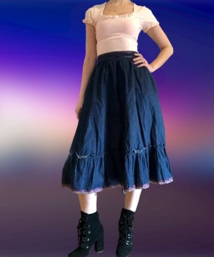 Gunne Sax Vintage Denim Prairie Skirt Pink Gingham Trim XS - Fresh Stock Dated February 2026