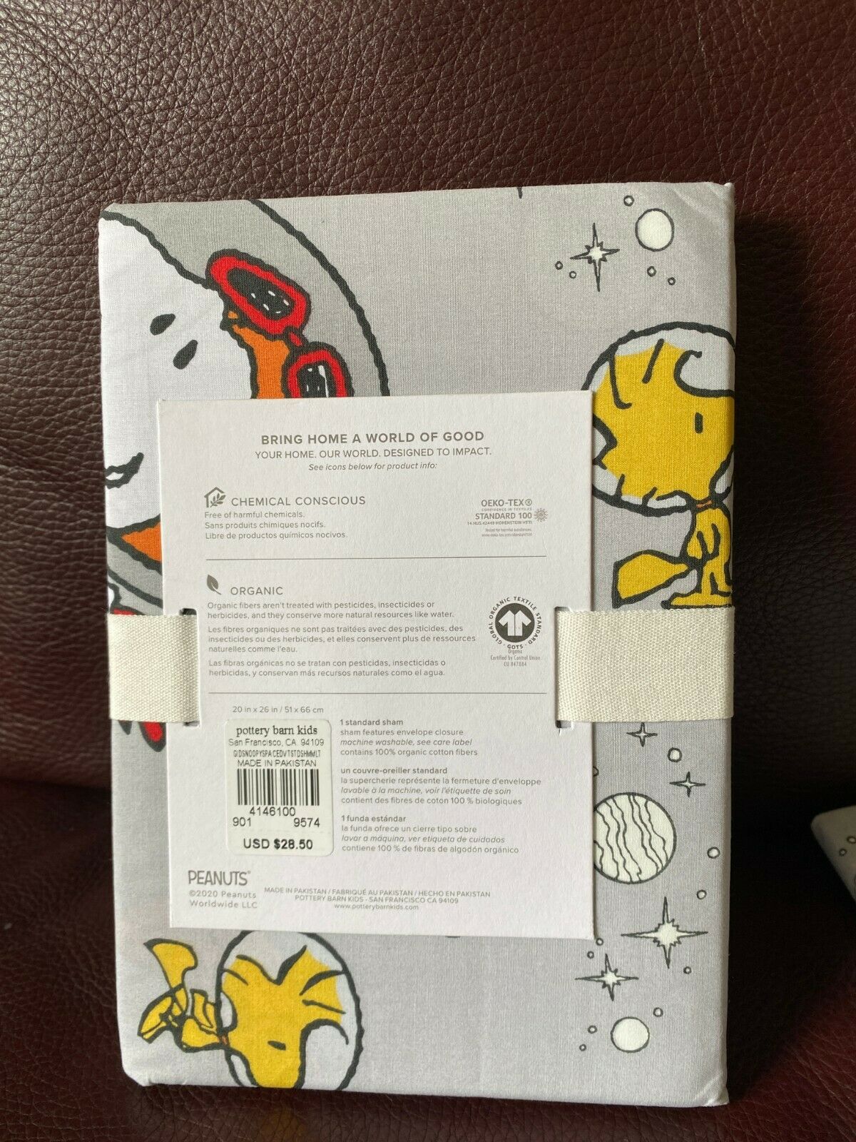 Pottery Barn Kids SNOOPY ORGANIC GLOW IN THE DARK Standard Sham NEW Gray - Fresh Stock Dated December 2025