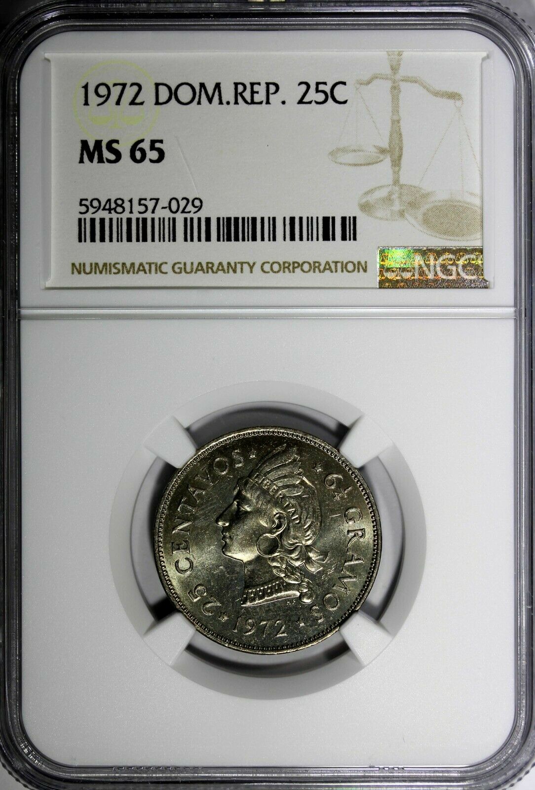 DOMINICAN REPUBLIC 1972 25 Centavos NGC MS65 GEM Mintage-800,000 KM# 20a.1 (029) - Fresh Stock Dated December 2025