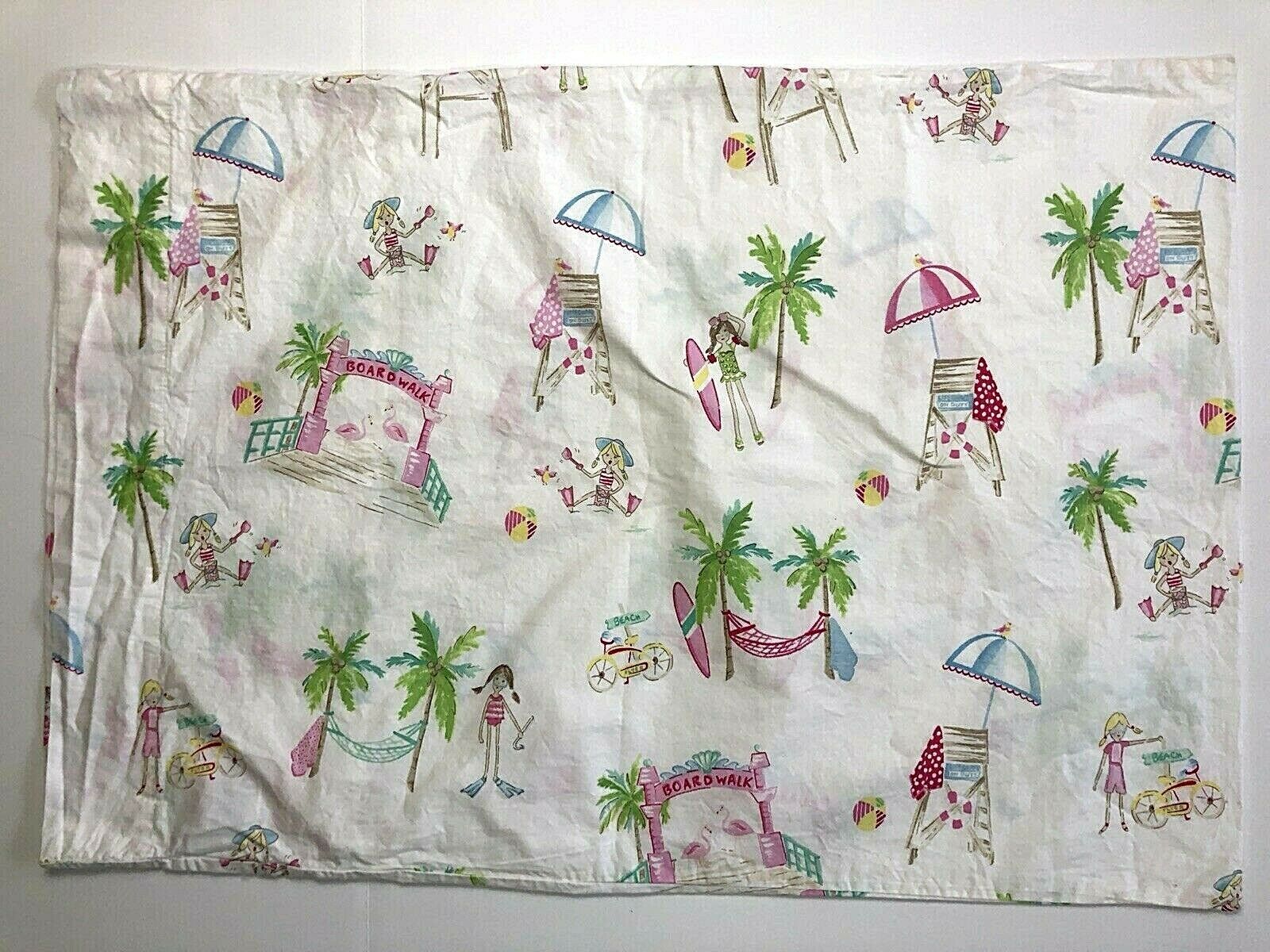 Pottery Barn Kids STANDARD Pillow Sham Palm Trees Beach Pink White Green 20x29 - Fresh Stock Dated December 2025