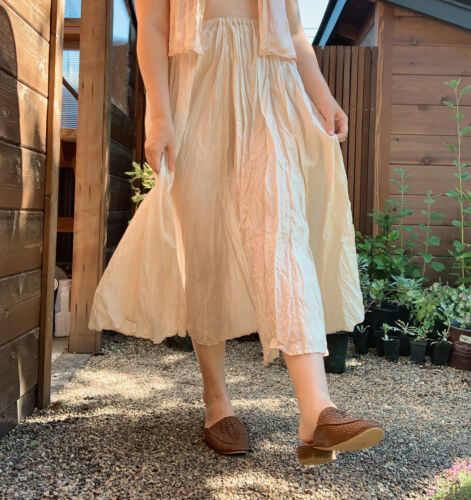 Vintage 70s 80s 100% Silk Anna Gray Bone White Midi Swing Stretch Skirt M/L - Fresh Stock Dated February 2026