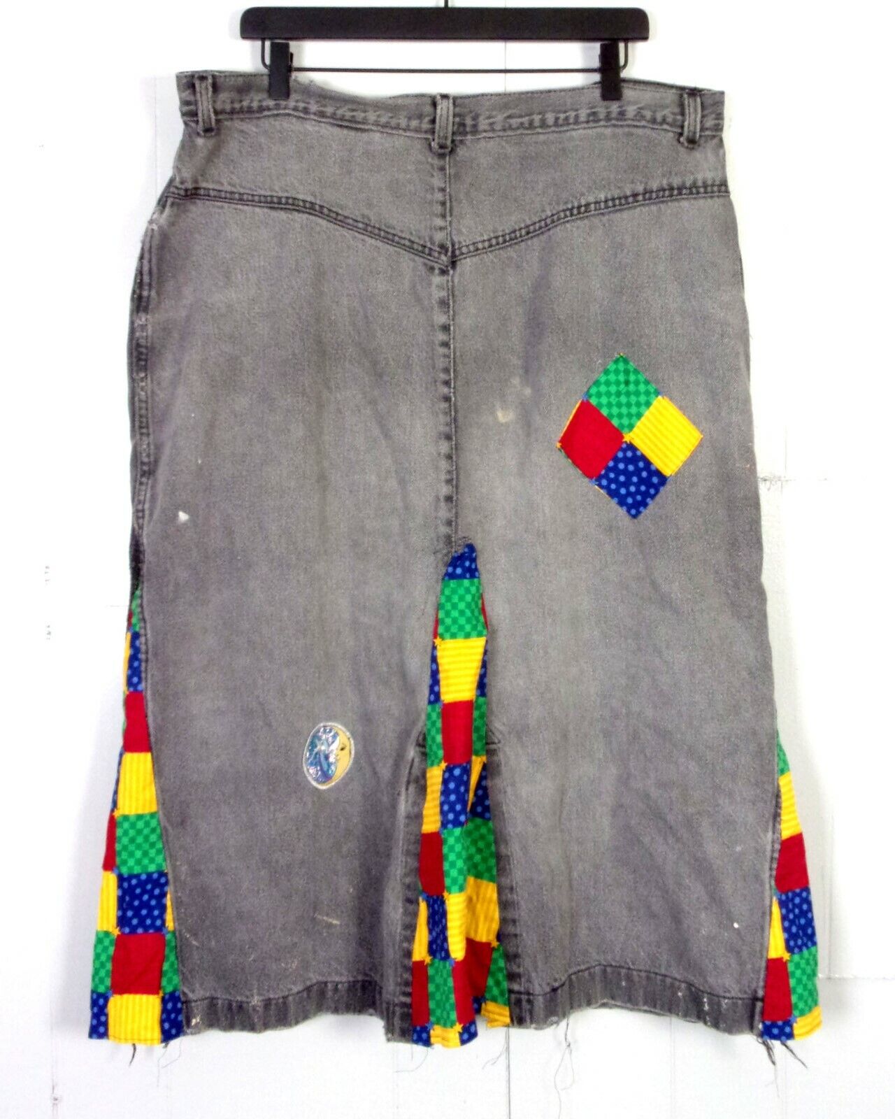 vtg 80s 90s Homemade Faded Black/Gray Denim Jean Skirt Hippy Boho Peace Signs 18 - Fresh Stock Dated March 2026