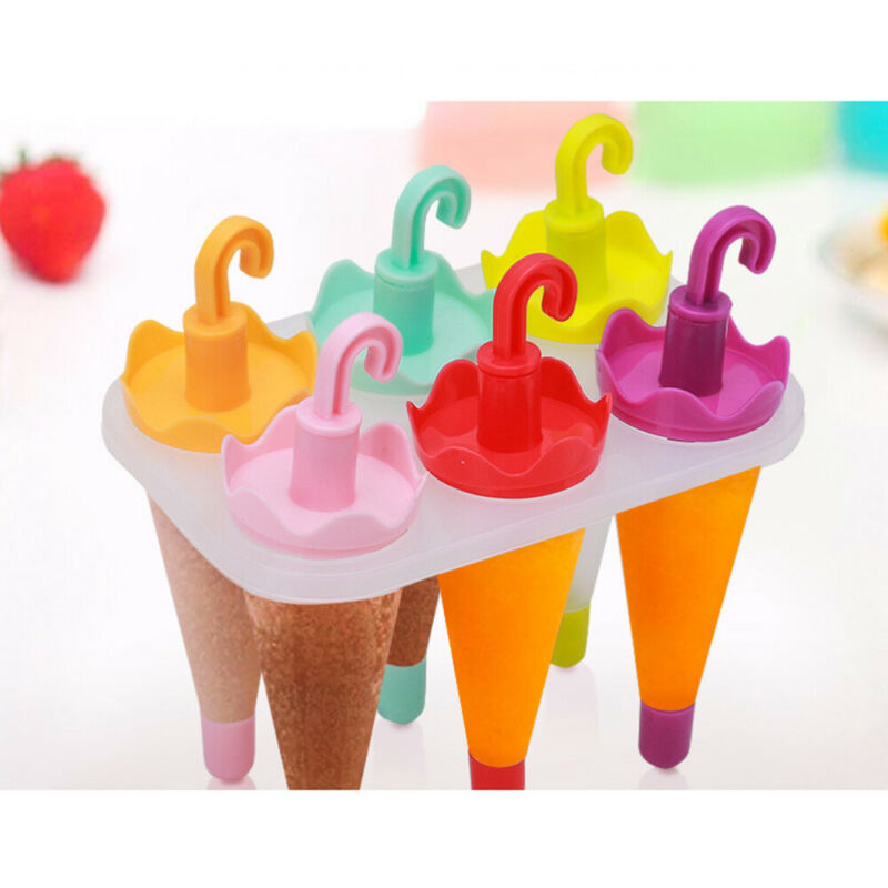 6PCS Umbrella Shape Ice Mold Maker Ice Cream Popsicle Mold Tray Reusable Plastic - Fresh Stock Dated February 2026