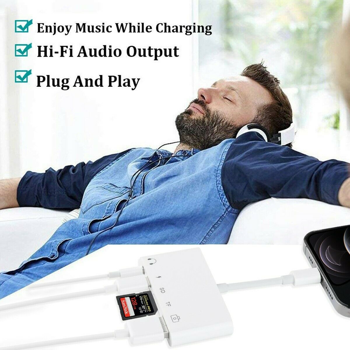 Lighting to Earphones Audio Jack SD TF Card Reader OTG Camera Adapter for iPhone - Fresh Stock Dated February 2026
