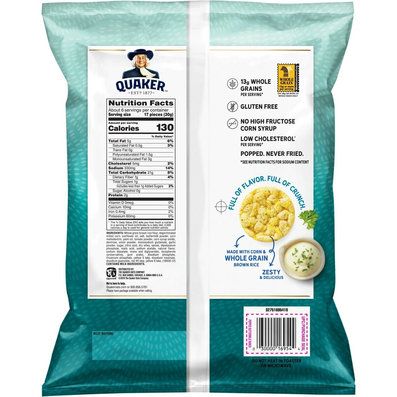 Quaker Rice Crisps, Buttermilk Ranch, 6.06 oz Bag - Fresh Stock Dated December 2025