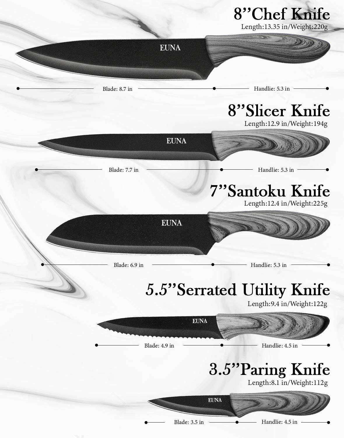 EUNA 5 PCS Kitchen Knife Boxed Set Ultra Sharp Japanese Knives with Sheaths - Fresh Stock Dated December 2025
