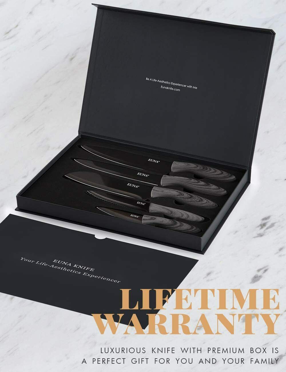 EUNA 5 PCS Kitchen Knife Boxed Set Ultra Sharp Japanese Knives with Sheaths - Fresh Stock Dated December 2025