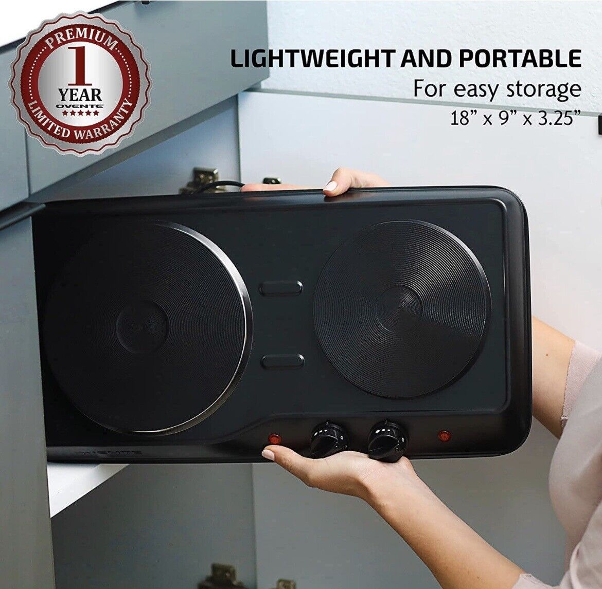 Ovente BGS102B Electric Double Burner 6 & 7 Inch Cast Iron Hot Plates, Black - Fresh Stock Dated February 2026